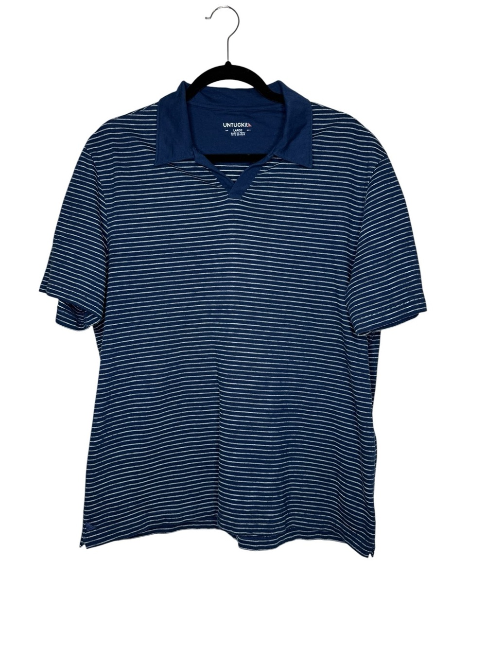 UNTUCKit Peyton Short Sleeve Polo Shirt Blue White Stripe Large